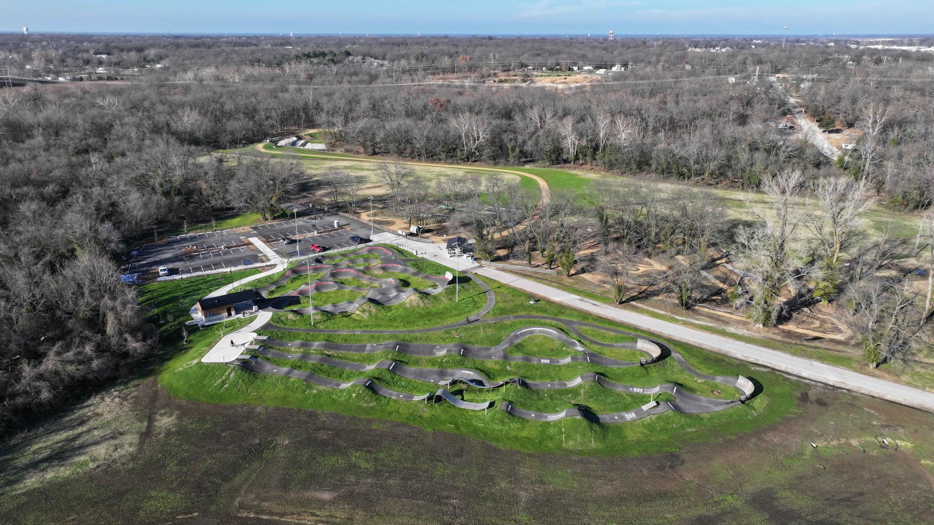 Aerial drone image looking down onto jump lines and other park features at MOmentum