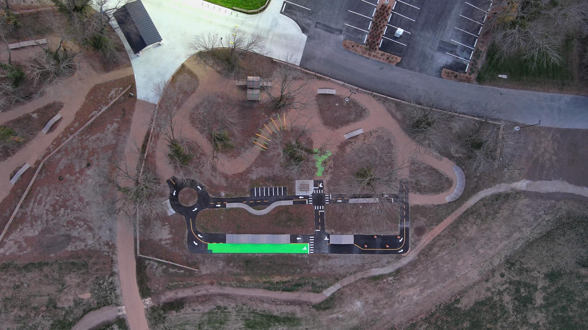 Aerial drone shot looking down on bike playground