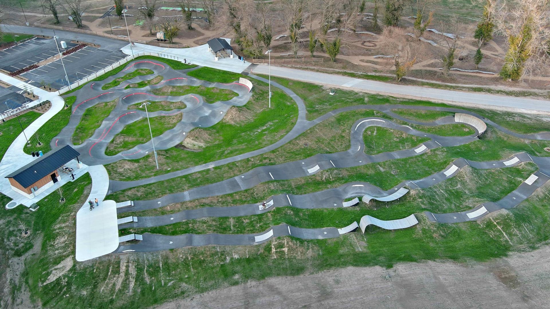 Aerial drone image of pump track and jump lines