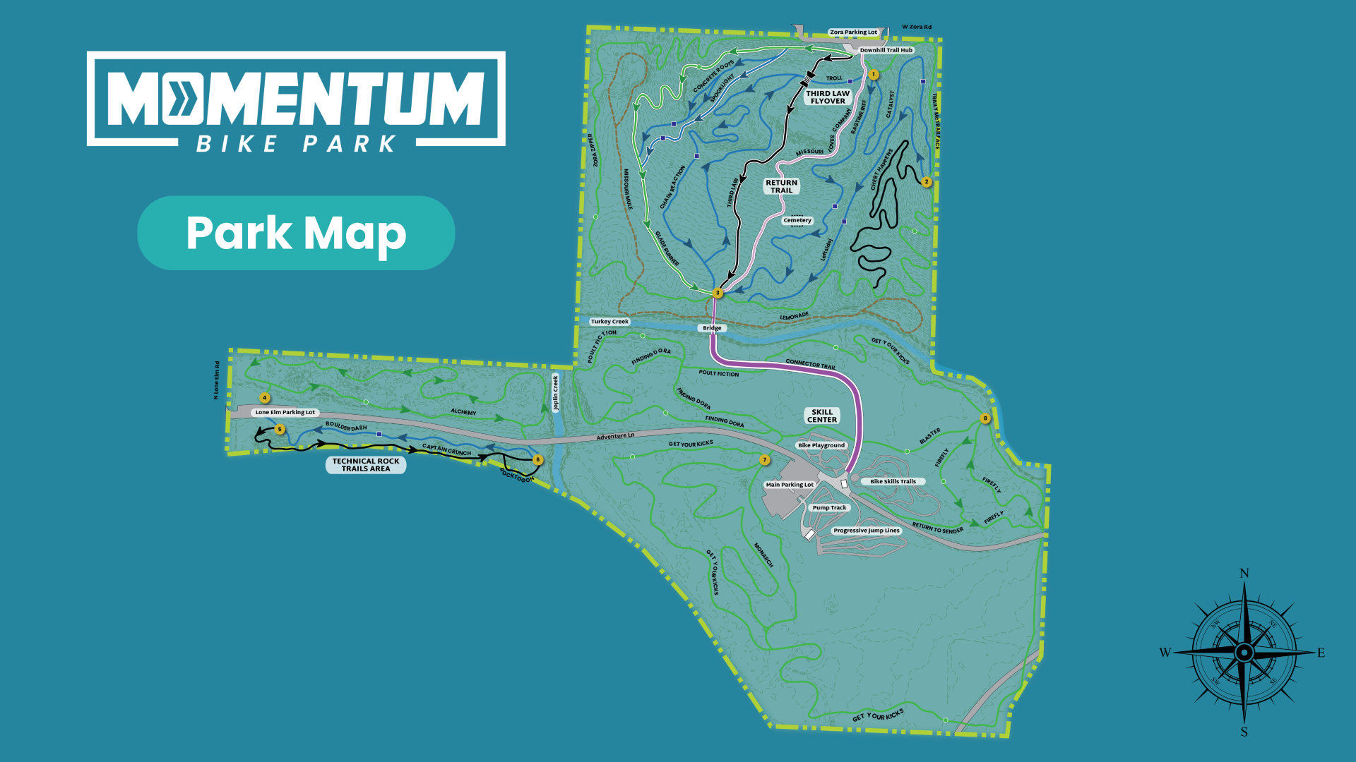 Map of MOmentum Bike Park with logo and compass