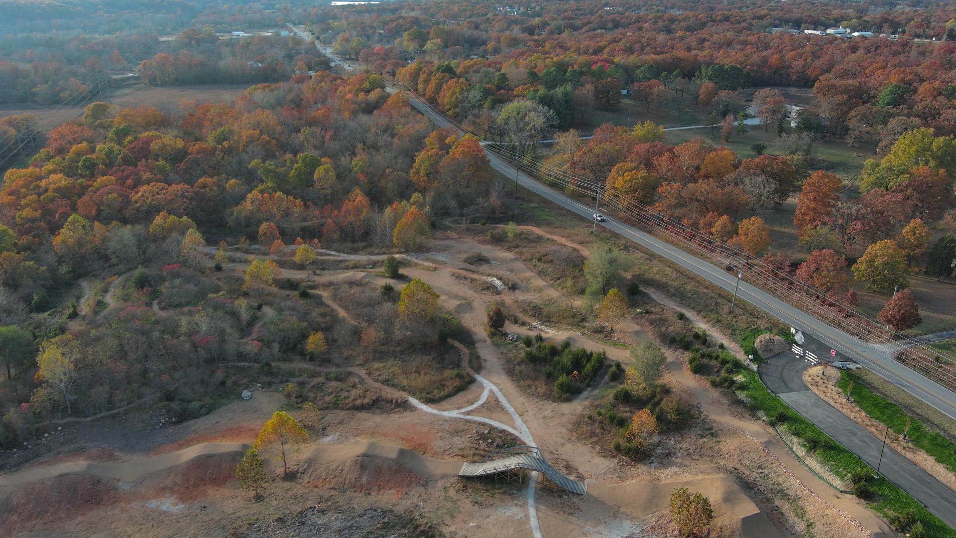 Aerial drone image looking down upper trail area fall foliage