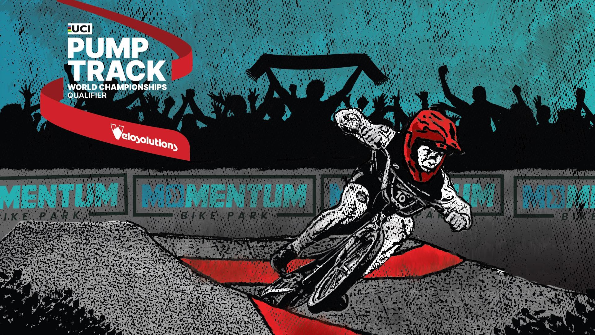 2026 Velosolutions UCI Pump Track World Championships - Joplin Missouri MOmentum Bike Park Qualifier - Stylized graphic rider racing on pump track