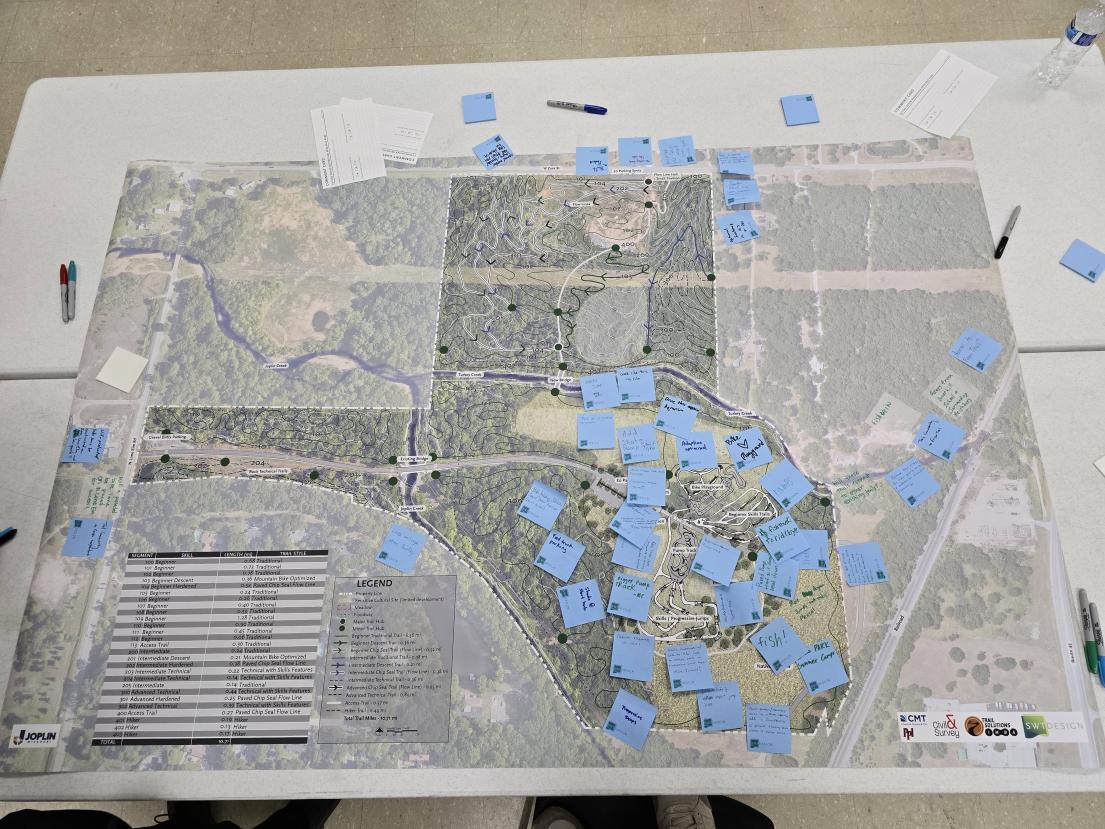 Photo of map covered in sticky notes written by citizens providing input on the park plan