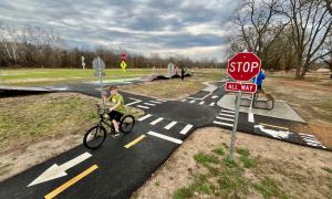 Four way stop in the traffic garden at the bike playground