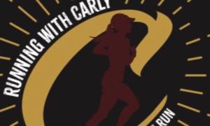 Running With Carly Logo golden C white text, and dark red girl silhouette with ponytail and hat running