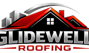 Glidewell Roofing Logo, black home outline with red roof